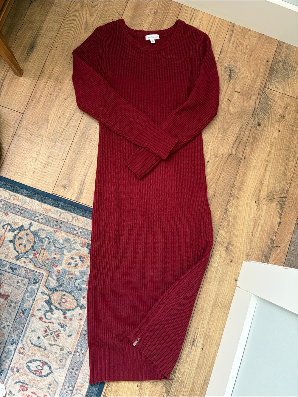 Calvin Klein Jeans Ribbed Long Sleeve Knit Dress - Burgundy